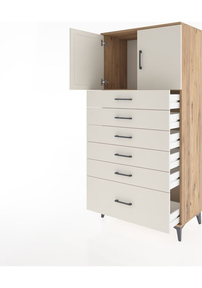 Hyperion Dolap Tek Raflı 6 Çekmeceli 2 Kapaklı 88x44x182 Çam-... Çam