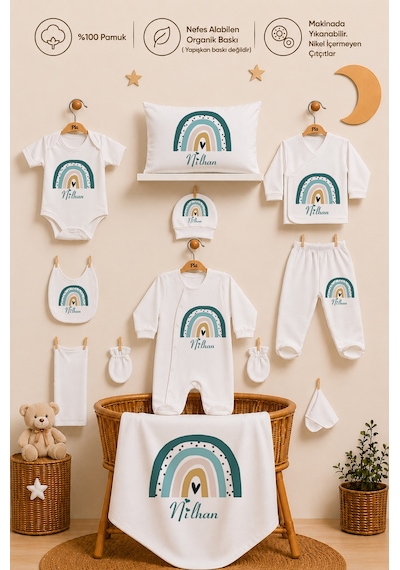 Pia Baby Erkek Bebek Yenidoğan Hastane Çıkışı 11 Parça %100 Pamuk Organik Baskılı İsimli Set 1095113x Ekru