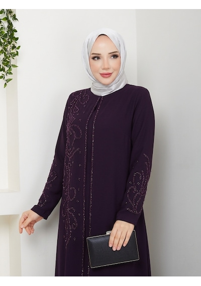 Eslemnur Sahra Elbise Büyük Beden Anne Elbisesi Mürdüm