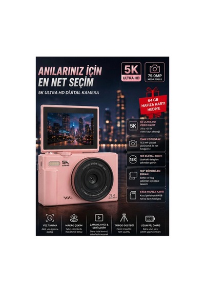5k 75mp Hd Dijital Kamera 18x Dijital Zoom, Flaşlı,3.0 İnç Ekranlı Vlog Ve Fotoğraf Makinesi Çok Renkli