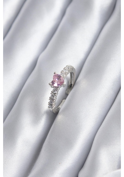 Gümüş Renk Zirkon Taşlı Pembe Kristal Kalp Model Kadın Yüzük Renkli