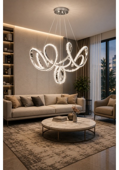 Prestij Lüks Cristalya Serisi Orjinal Krom Kaplamalı 3 Renk Ledli Sarkıt Ledli Avize Modern Led Avize-çap 50 Cm Krom Krom