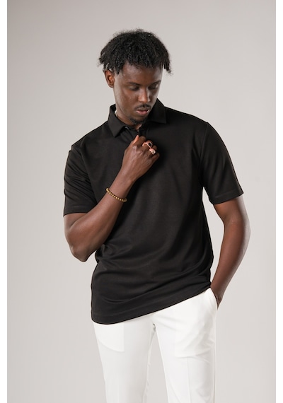 Fbi Regular Fit Dokulu Likralı Polo Yaka T-shirt Siyah