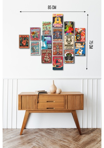 Müzik ve Party Temalı 13,5x18 Cm 15'li Ahşap Tablo Seti