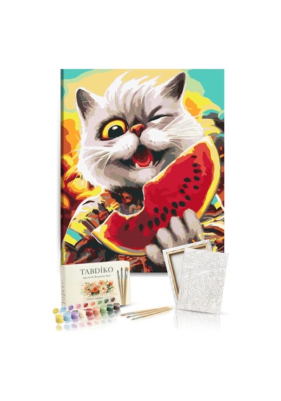 Sayılarla Boyama Seti 40 X 50 Cm Tuval Şasesine Gerili Kedi Ve Karpuz