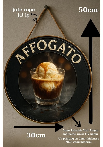 Affogato Temalı Yuvarlak Cafe Tabelası, Jüt İpli Ahşap Duvar & Kapı Dekoru, Barista Tarzı Süs