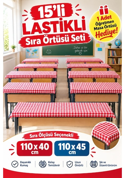 15 Adet Okul Sıra Örtüsü Lastikli Masa Örtüsü Leke Tutmaz Kumaş Kırmızı Pötikare Raşel