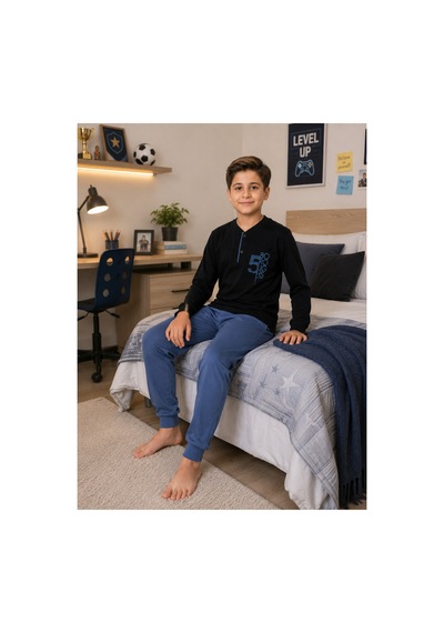 Formo Erkek Çocuk %100 Doğal Pamuk Manşet Paça Uzun Kollu Pijama Takımı Lacıvert