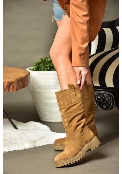 Fox Shoes R555267002 Taba Hakiki Deri Süet Kadın Çizme Taba
