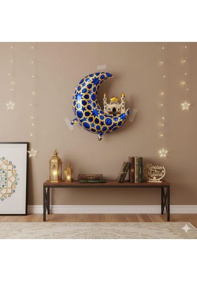 65 X 63 Cm Folyo Balon Mavi Gold Desenli Cami Figürlü Hilal - Ramazan Süs Balonu Çok Renkli