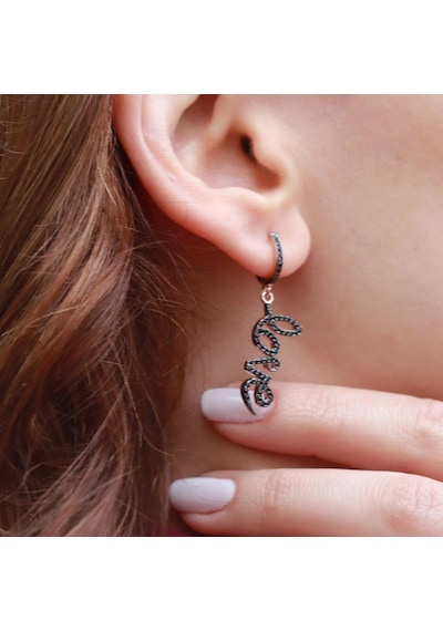 Siyah Zirkon Taşlı Love Yazılı Rose Gold Kaplama Gümüş Küpe Gümüş