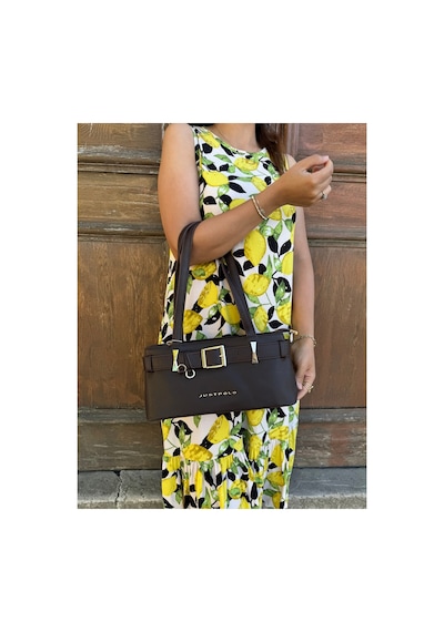 Just Polo Kadın Gold Aksesuarlı Kemer Detaylı Şık El Çantası Shopper Ebat : 14 X 30 Cm Kahverengi