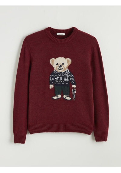 Lcw Vision Bordo Bisiklet Yaka Ayı Teddy Baskılı Erkek Triko Kazak