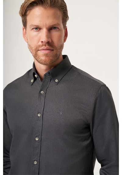 İmza Füme Düğmeli Yaka Gabardin Slim Fit Pamuklu Gömlek 1004265129 Antrasit