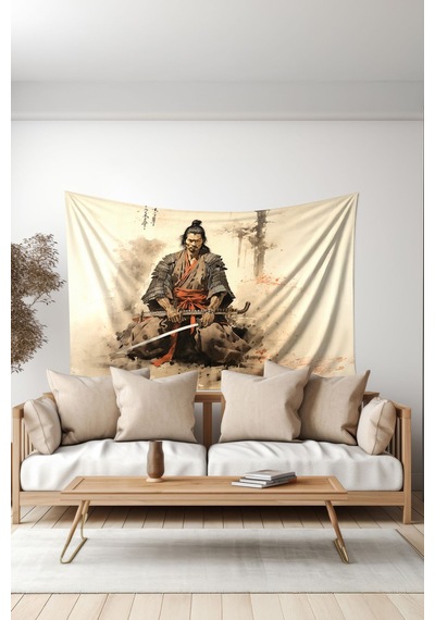 Samuray Savaşçısı Desenli Duvar Halısı Duvar Örtüsü Tapestry Süet Dokulu Kumaş
