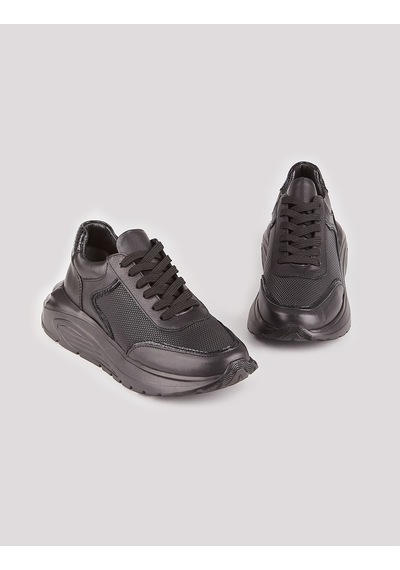 Hakiki Deri Siyah Bağcıklı Kadın Sneaker Spor Ayakkabı Siyah