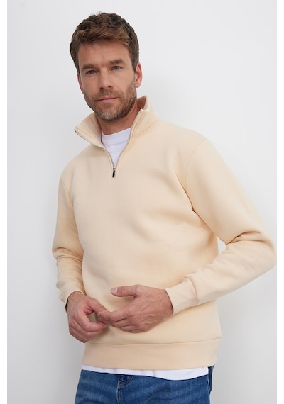 Tudors Unisex Relax Fit Rahat Kesim Pamuklu İçi Polarlı Yarım Fermuarlı Ekru Dik Yaka Sweatshirt-29414