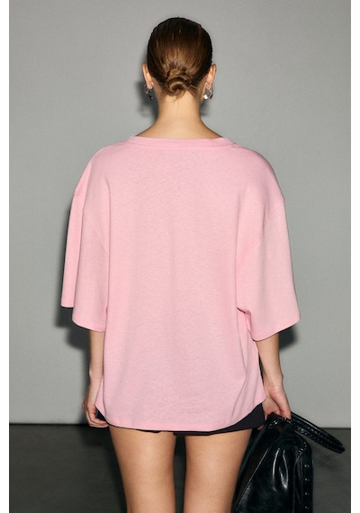 Grımelange Sylora Kadın Organik Pamuklu Keten Karışımlı V Yakalı Rahat Kalıp Pembe T-shirt Grımelange Sylora Kadın Organik Pamuklu Keten Karışımlı V Yakalı Rahat Kalıp Pembe T-shirt