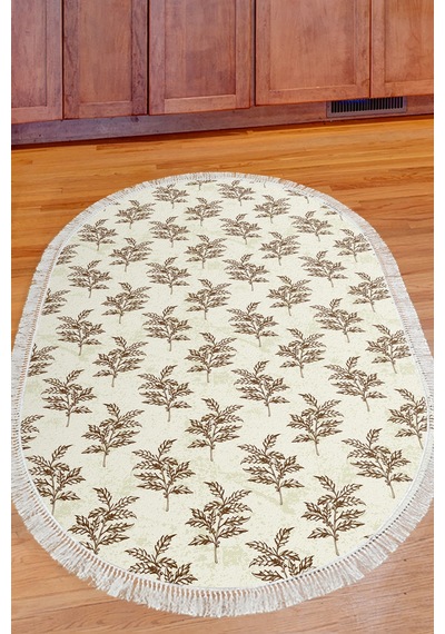 Alanur Home Kaymaz Dijital Mutfak & Salon Halı Star Pamuk Saçaklı Oval Vintage Al5011 Bej