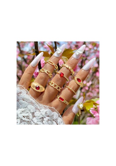 Blush 9 Adet Gold Renkli Kırmızı Taşlı Kalp Oymalı Vintage Tasarım Altın Yüzük Seti