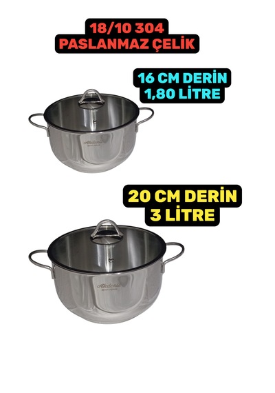 Linda 16-20 Cm Cam Kapaklı Çelik Derin Tencere Seti Paslanmaz Çelik