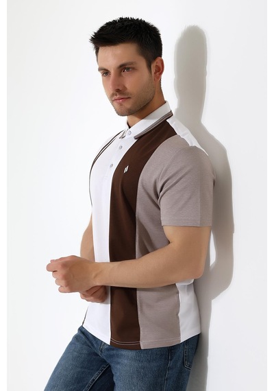 Rıbana Classıc Erkek Çizgili Şerit Detaylı Pamuklu Polo Yaka T-shirt Beyaz