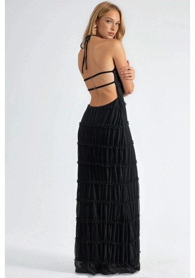 Hiccup Halter Yaka Dokulu Maxi Elbise Siyah