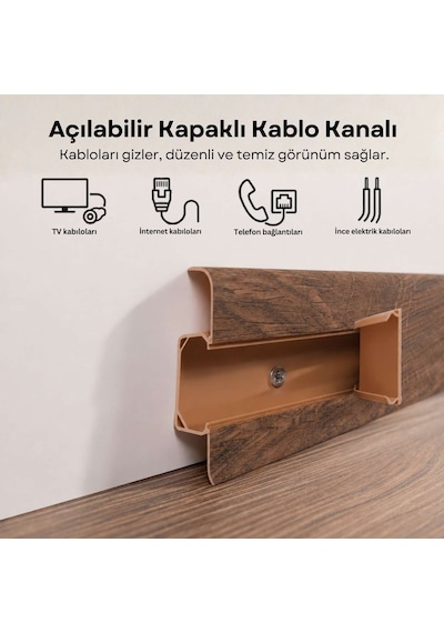Esquero Kablo Kanallı PVC Süpürgelik 250 cm, Açılabilir Kapaklı, Mantar Meşe, ESQ612