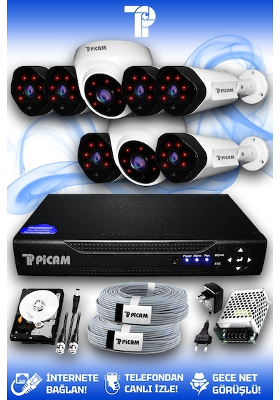 Picam 8 Kameralı Uzay 2 İç Kamera Set 500 GB HDD Full HD Gece Görüşlü Güvenlik Kamerası Sistemi