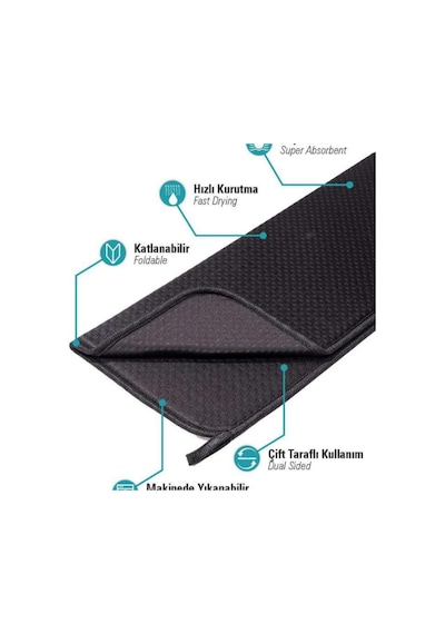 Mikrotex Bulaşık Matı Süper Emici Bulaşık Kurutma Matı 45x36cm Tezgah Üstü Bulaşık Matı Siyah