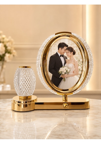 Kişiye Özel Fotoğraflı Kristal Oval Çerçeveli Led Masa Lambası-dekoratif Abajurlu Hediye Gold