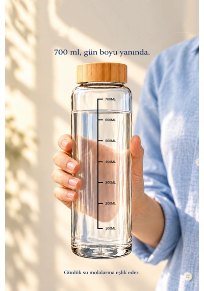 Tilbe Home Bambu Kapaklı Cam Matara Sporcu Suluğu Taşınabilir Su Şişesi 700 Ml Vakumlu Suluk Şeffaf