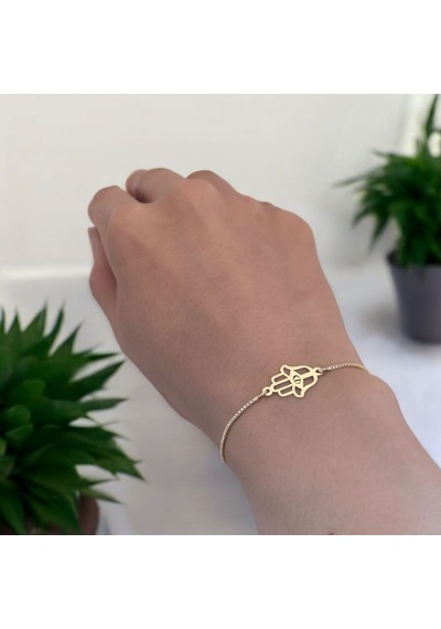 D Harfine Özel Hamsa Motifli 14 Ayar Altın Plakalı Zincirli Hediye Bileklik-497harf D