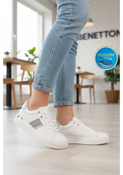 United Colors Of Benetton Bej Gümüş Bağcıklı Cilt Memory Foam Unisex Spor Ayakkabı Bnı-12074 G Bej-gümüş