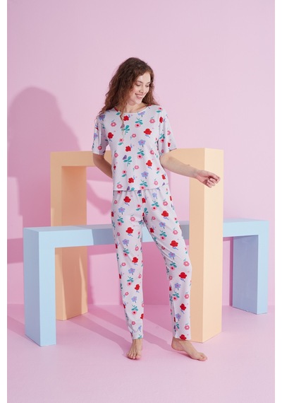Siyah İnci Likralı Örme Pijama Takım 7802 Gri Çiçek