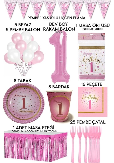 8 Kişilik Pembe Rakam Ve Beyaz Balonlu 1 Yaş Kız Doğum Günü Partisi Seti Tabak,bardak,peçete Vs