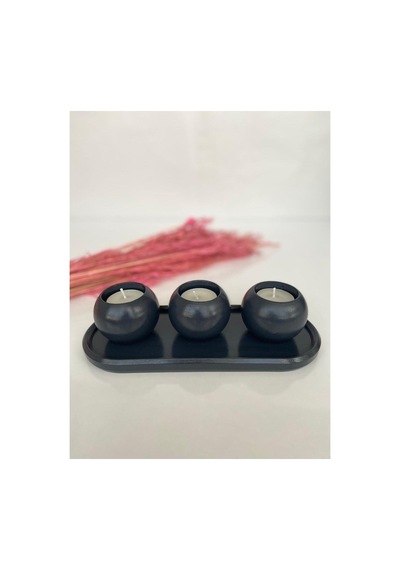 - Dekoratif Hediyelik Beton Tepsi Ve 3'lü Tealight Mumluk Seti Siyah