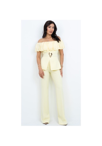 Dorne Moda Özel Koleksiyon Straplez Madona Yaka Volanlı Kemerli Bluz Ve Pantolon İkili Takım- Düğün - Mezuniyet - Ofis Şıklığı Sarı Sarı