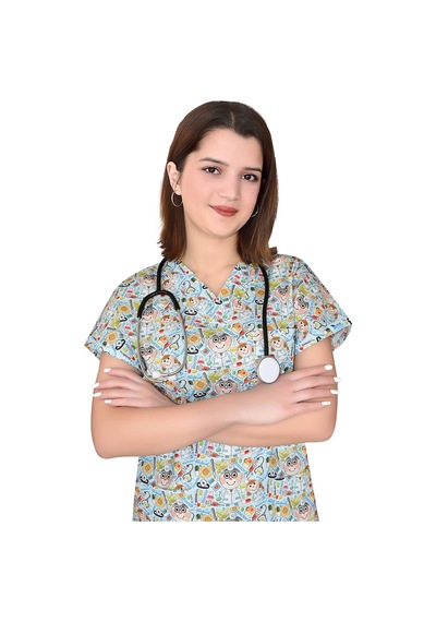 Unisex Master Likra Doktor Desenli Pamuklu Likralı Scrubs Tek Üst Üniforma Karışık Karışık