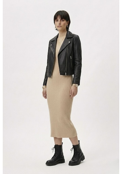 Neden Tekstil Modern Fit Sıfır Kol Yarım Balıkçı Yaka Triko Elbise - Bej