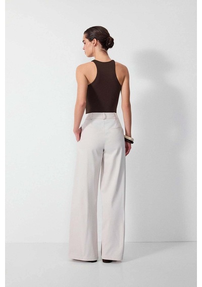 Vatkalı Pileli Wide Leg Pantolon-16649 Taş