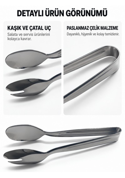 Beylini Paslanmaz Çelik Salata Maşası Kaşık Çatal Uçlu Servis Maşası Sunum Maşası Açık Büfe Mutfak Maşası