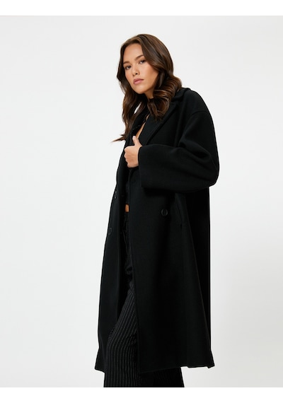Koton Kaşe Oversize Kaban Kruvaze Düğmeli Uzun Boy Siyah 4wak00036ew 4WAK00036EW999 Siyah