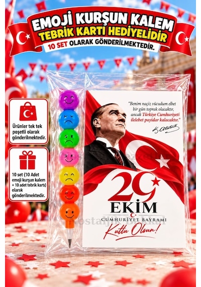10 Adet Yumurtlayan Kurşun Kalem 29 Ekim Cumhuriyet Bayramı Tebrik Kartı Hediye Seti