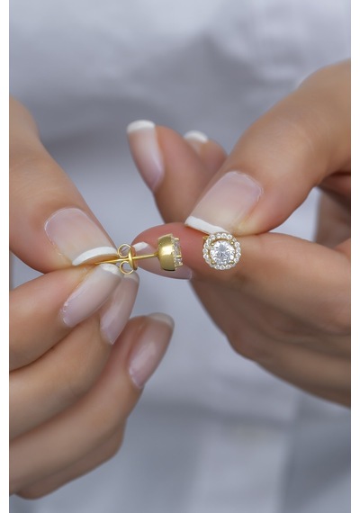 Nereze 925 Ayar Gümüş Gold Zirkon Taşlı Elmas Montür Küpe