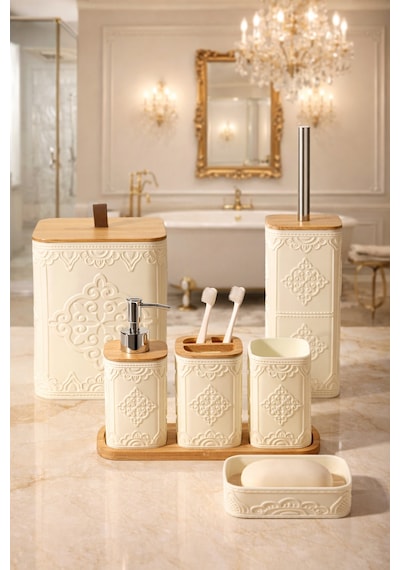 Makri Home Desenli 7 Parça Bambu Kapaklı Ve Aksesuarlı Banyo Seti Gri