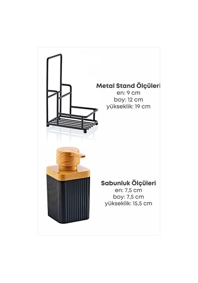 Grimorlife Metal Standlı Süngerli Tekli Siyah Ahşap Akrilik Bulaşık Deterjanı Sıvı Sabunluk 400 Ml-bez Askılığı Siyah