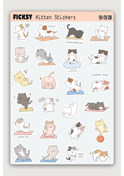 Kawaii Stili Sevimli Yavru Kedi Yoga Temalı Sticker Seti - 24 Adet Etiket Çıkartma Diğer