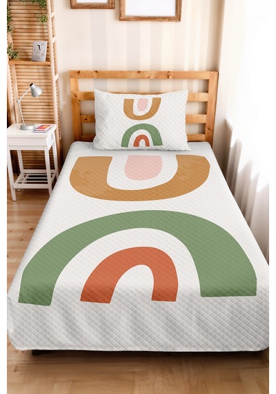 Boho Pastel Gökkuşağı Yeşil Genç Odası Tek Kişilik Pike Takımı - Somon Bej 160x220 Cm Yatak Örtüsü Gizli Papatya Kırığı