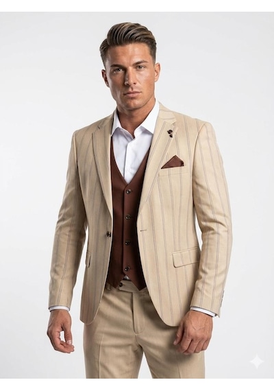 Erkek Çizgili Takım Elbise 3 Lü Set Ceket + Yelek + Pantolon Slim Fit İtalyan Tarz Açık Bej Erkek Çizgili Takım Elbise 3 Lü Set Ceket + Yelek + Pantolon Slim Fit İtalyan Tarz Açık Bej